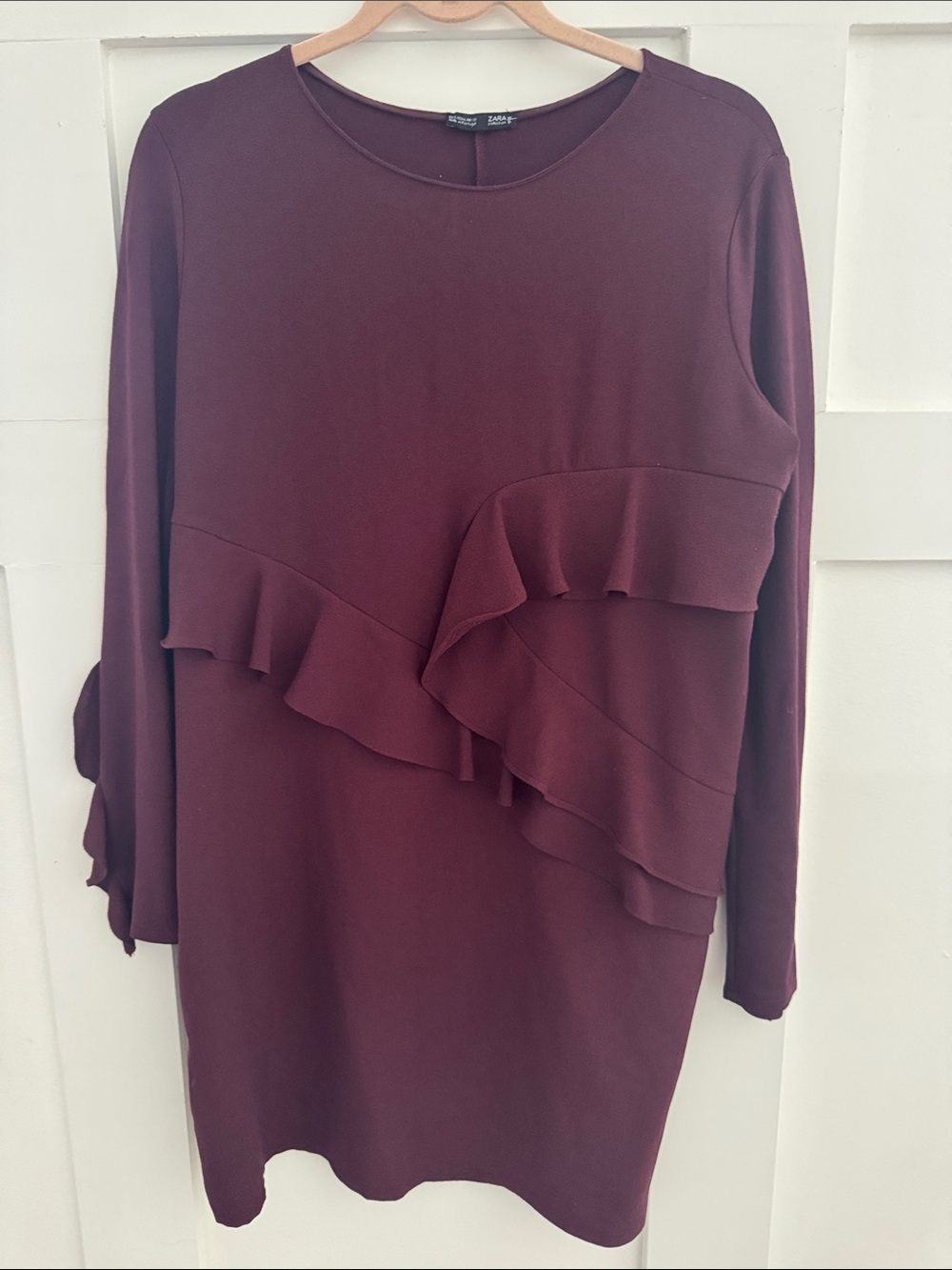 Zara Long Sleeve Ruffle Shift Dress in Burgundy